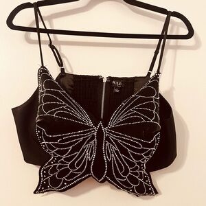 Black Butterfly Embellished Crop Top